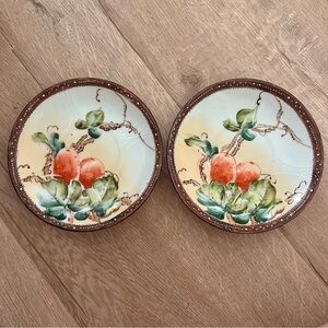 RARE Antique 1891-1911 Maple Leaf Mark Nippon Plates Hand Painted Fruits‎ 2 Pcs